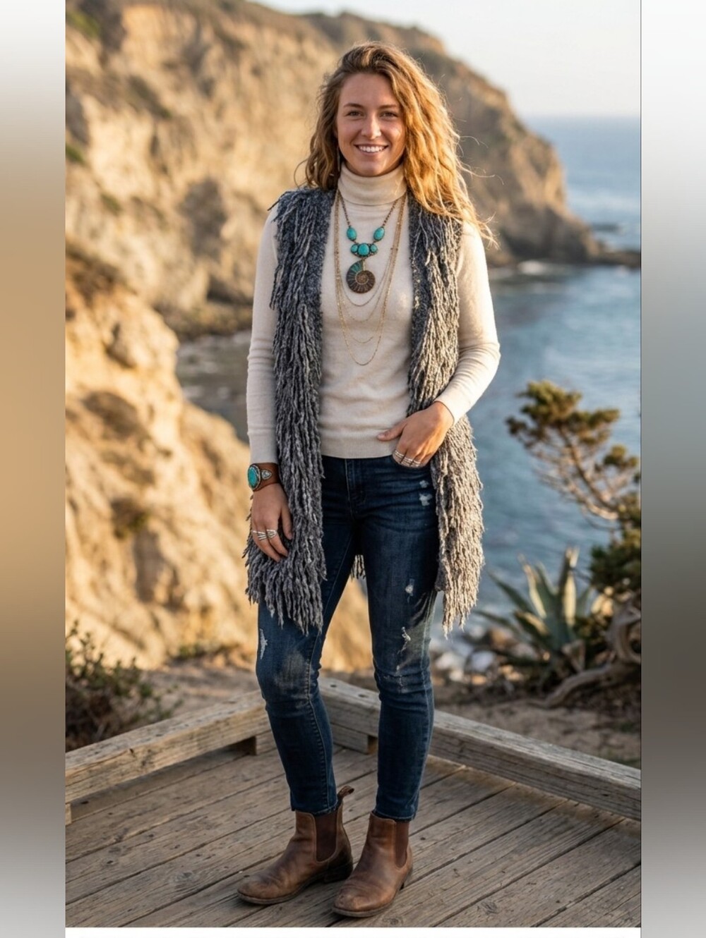 DEX textured boho unique fun fluffy shaggy grey vest medium